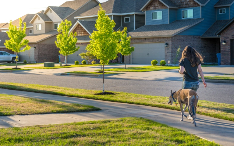 residential homes with girl walking dog